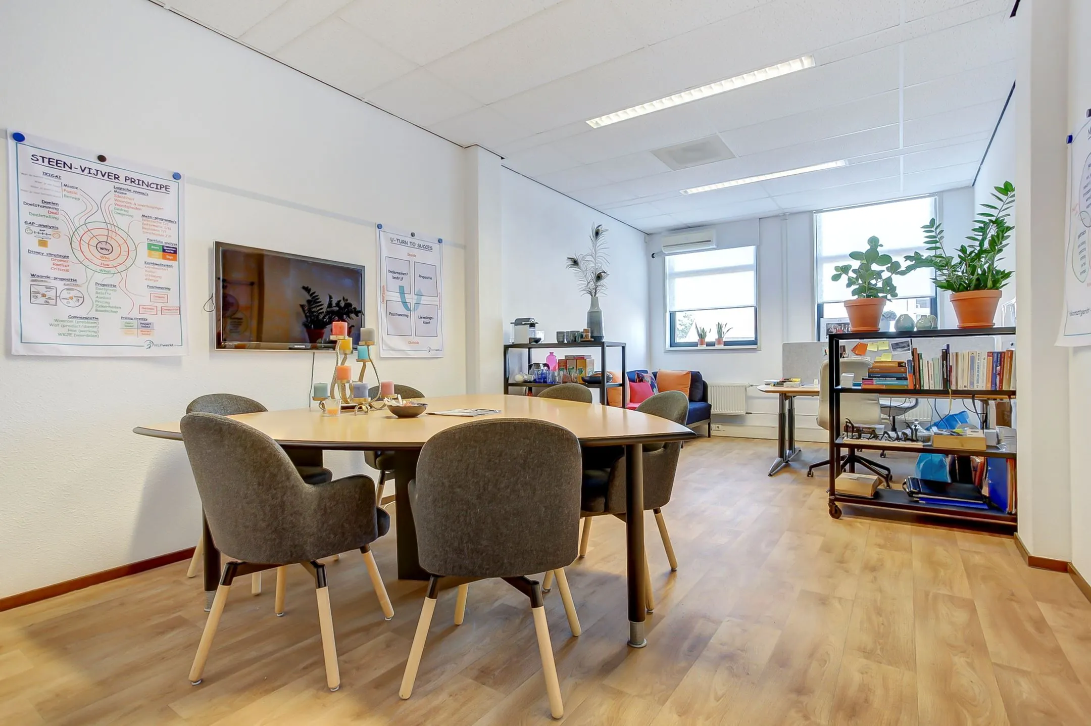 Modern ingerichte vergaderruimte aan de Groenestraat 294 met ronde tafel, stoelen, boekenplanken en grote ramen.