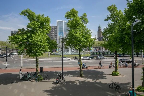 Drukke stadsstraat bij Weena 75 in Rotterdam met fietsers, auto's, trams, bomen en een fontein op de achtergrond.